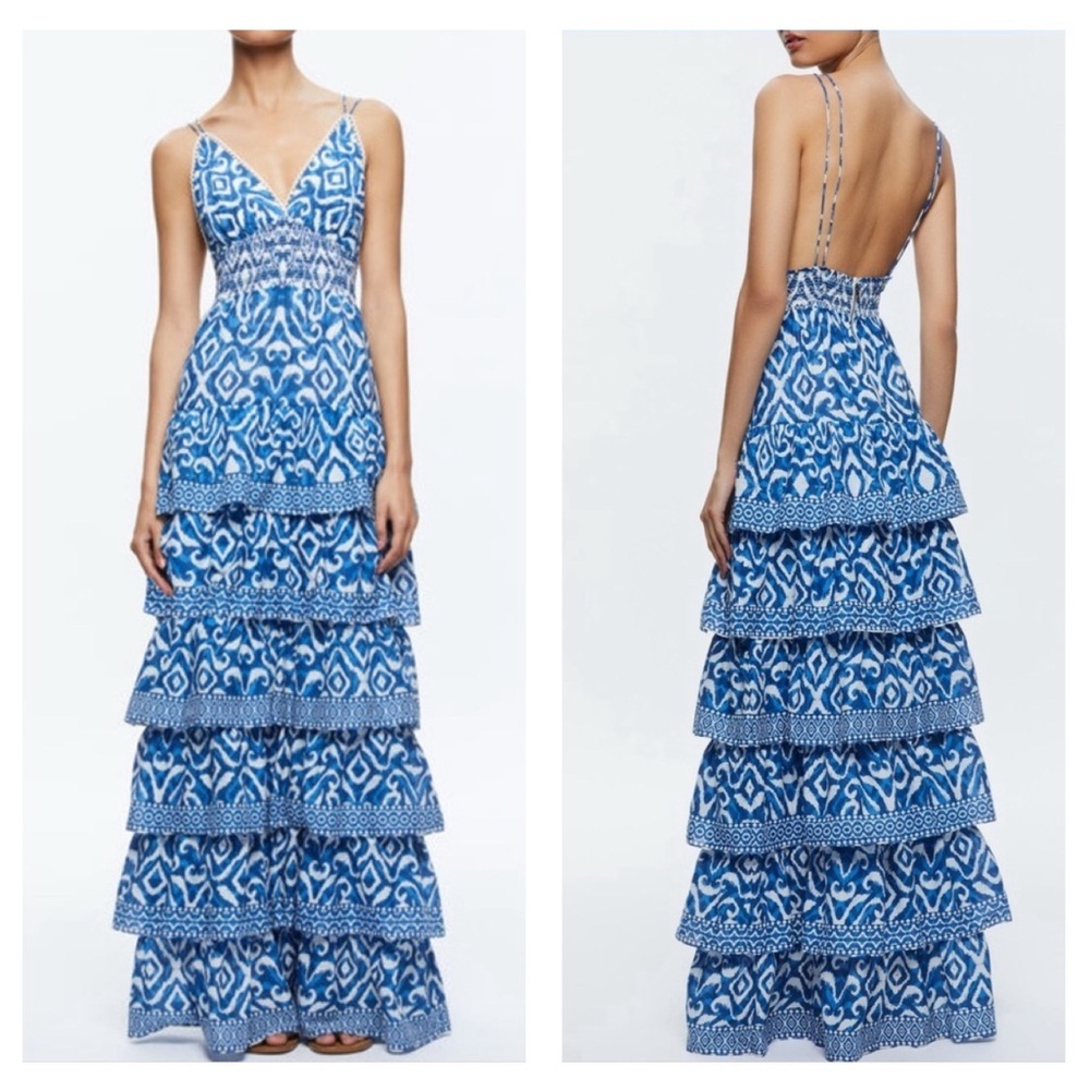 Caroline Constas Blue and White Geometric Ikat Maxi Dress Size Large